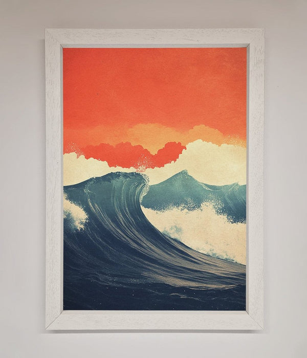 Blue Waves Crash Red Sunset Framed Poster - Hi Society