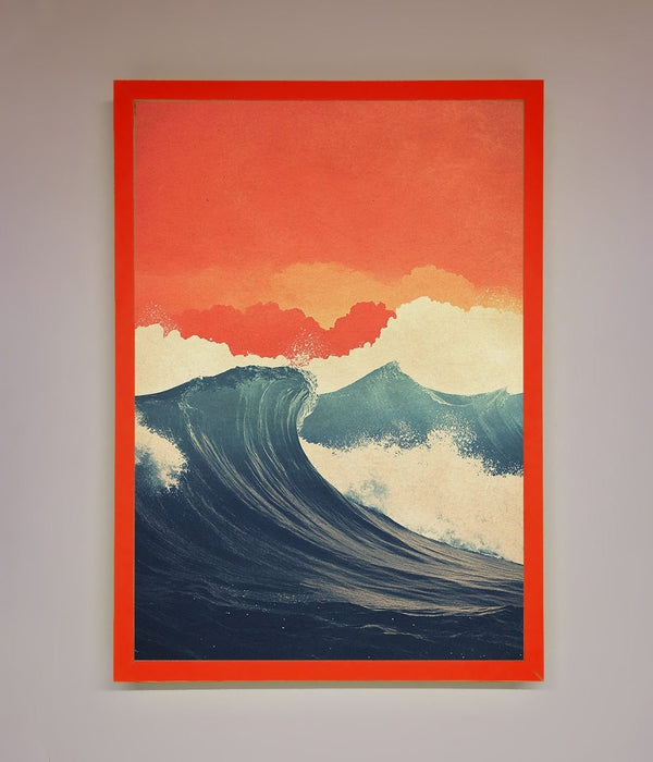 Blue Waves Crash Red Sunset Framed Poster - Hi Society