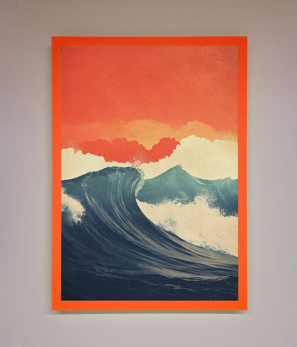 Blue Waves Crash Red Sunset Framed Poster - Hi Society