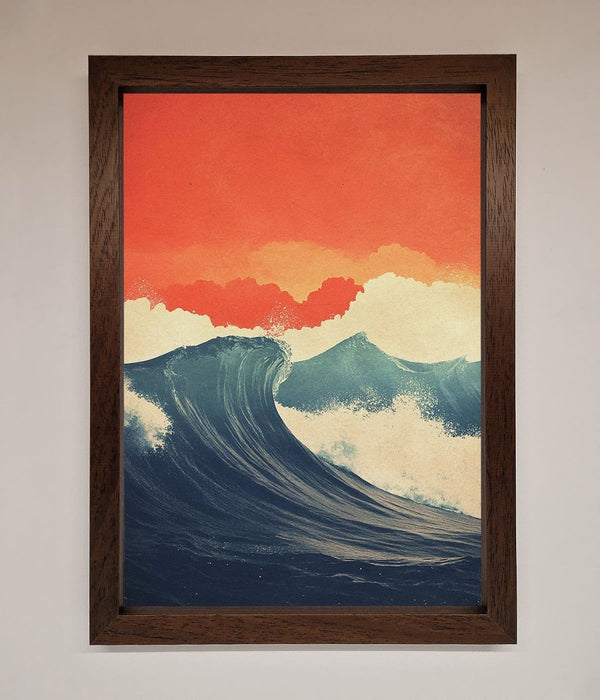 Blue Waves Crash Red Sunset Framed Poster - Hi Society