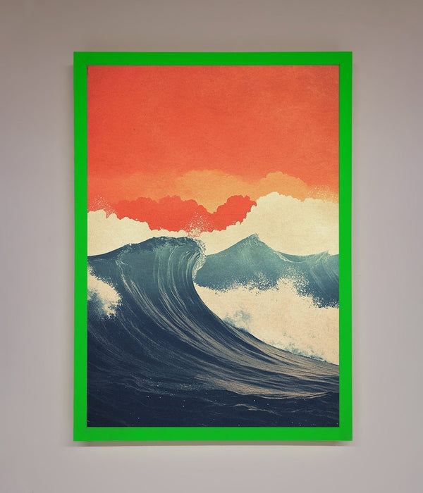 Blue Waves Crash Red Sunset Framed Poster - Hi Society