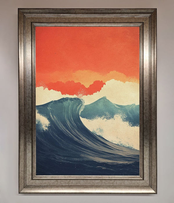 Blue Waves Crash Red Sunset Framed Poster - Hi Society