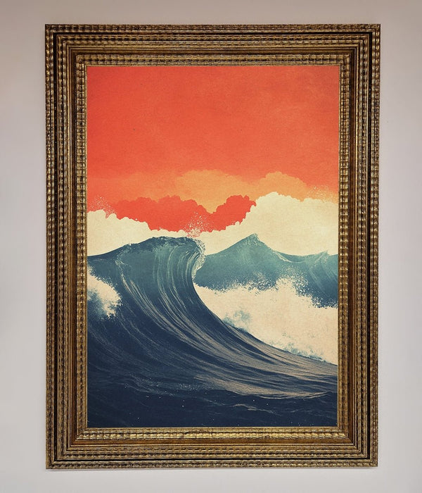 Blue Waves Crash Red Sunset Framed Poster - Hi Society