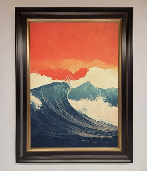 Blue Waves Crash Red Sunset Framed Poster - Hi Society
