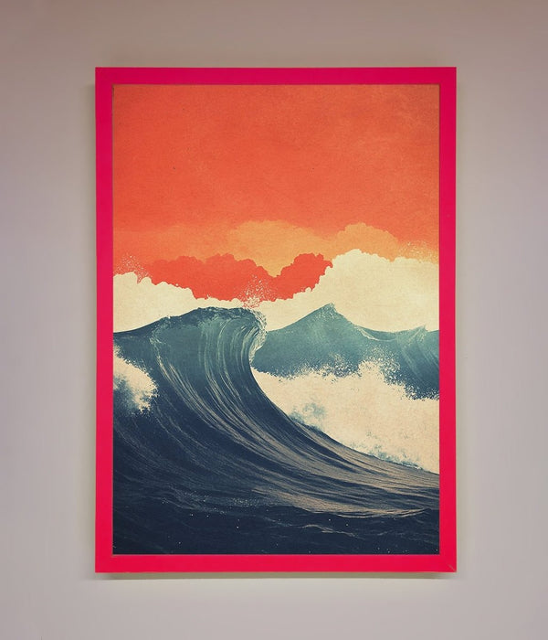 Blue Waves Crash Red Sunset Framed Poster - Hi Society