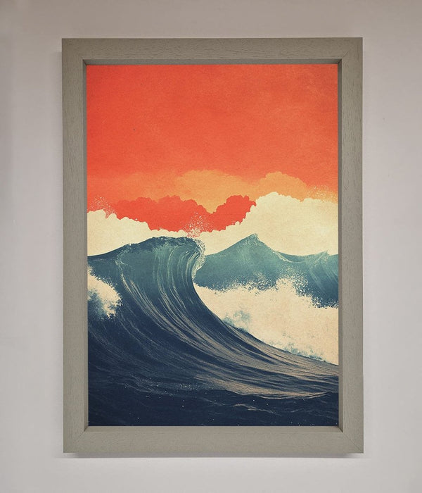 Blue Waves Crash Red Sunset Framed Poster - Hi Society