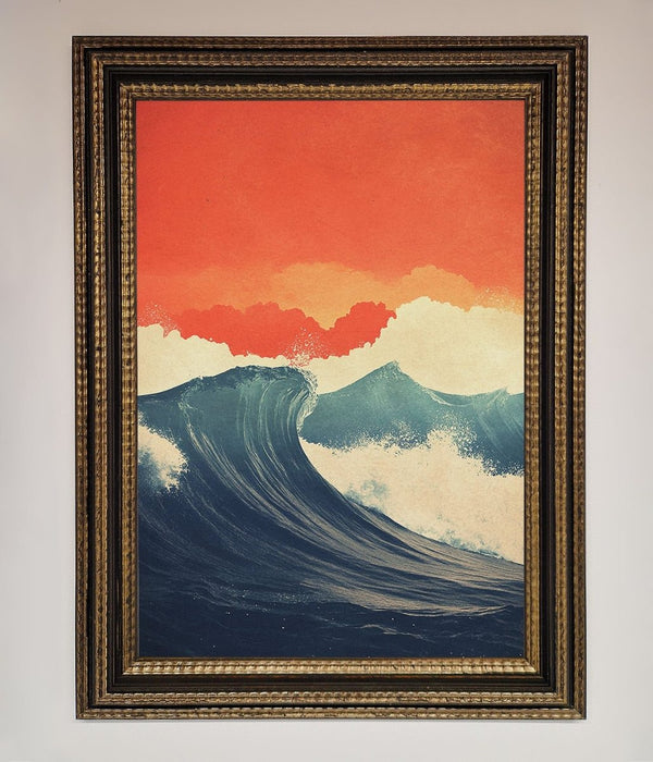 Blue Waves Crash Red Sunset Framed Poster - Hi Society