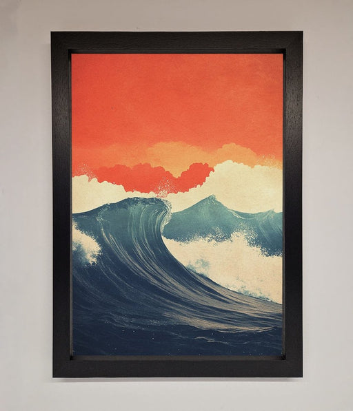 Blue Waves Crash Red Sunset Framed Poster - Hi Society