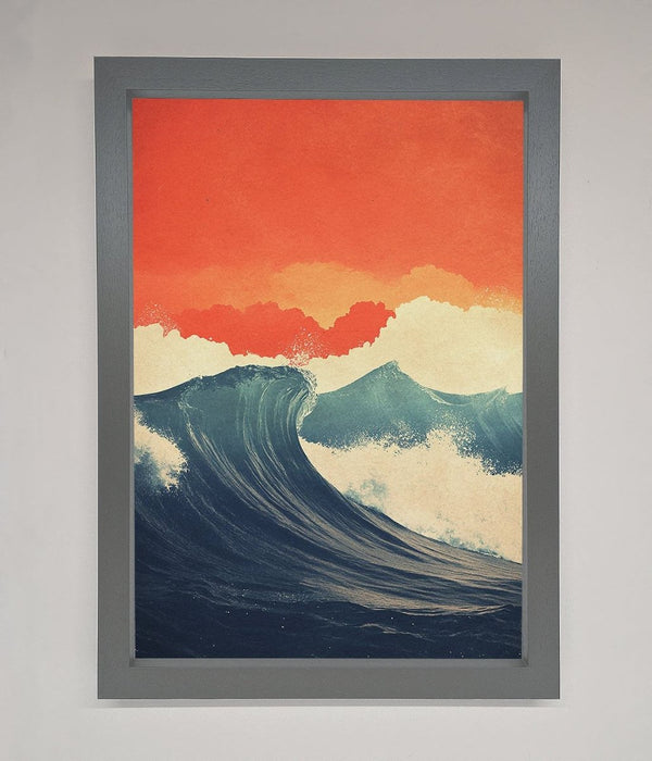Blue Waves Crash Red Sunset Framed Poster - Hi Society