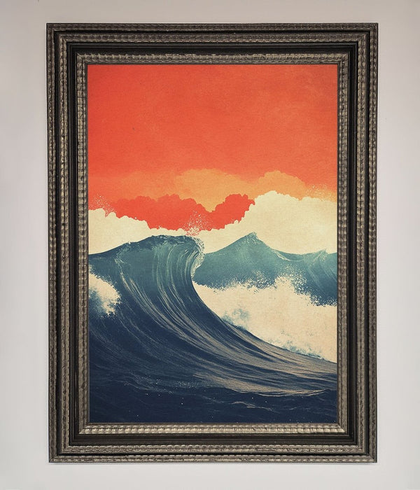Blue Waves Crash Red Sunset Framed Poster - Hi Society