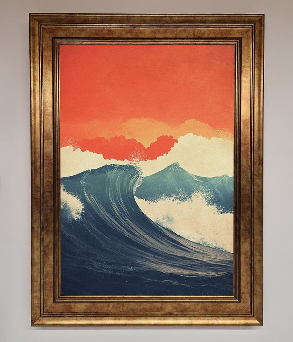 Blue Waves Crash Red Sunset Framed Poster - Hi Society
