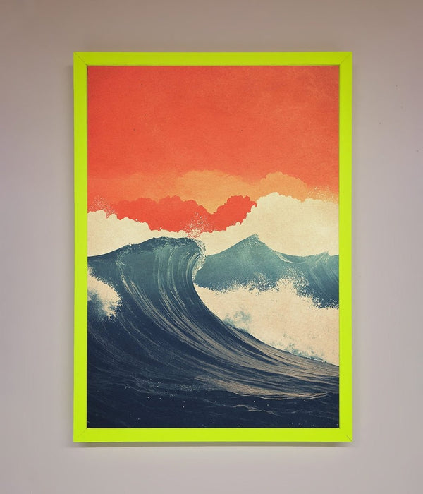 Blue Waves Crash Red Sunset Framed Poster - Hi Society