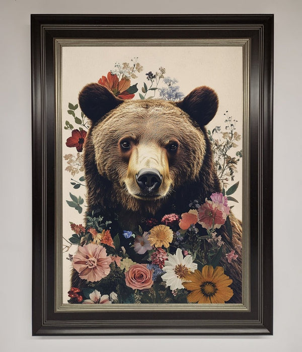 Brown Grizzly Bear Floral Framed Print - Hi Society