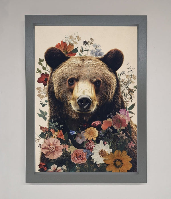 Brown Grizzly Bear Floral Framed Print - Hi Society