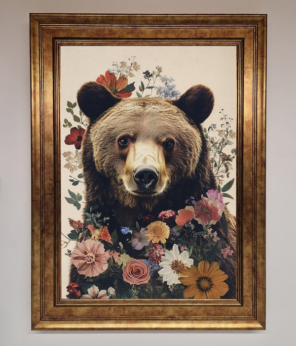 Brown Grizzly Bear Floral Framed Print - Hi Society