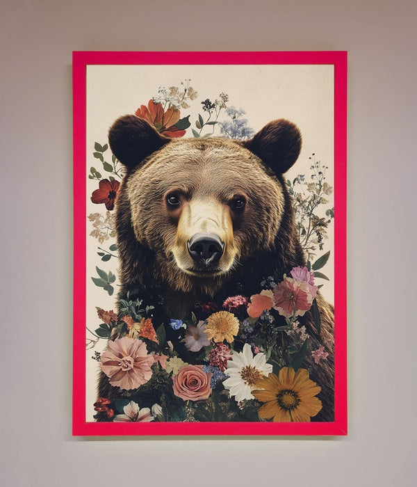 Brown Grizzly Bear Floral Framed Print - Hi Society
