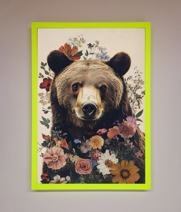 Brown Grizzly Bear Floral Framed Print - Hi Society