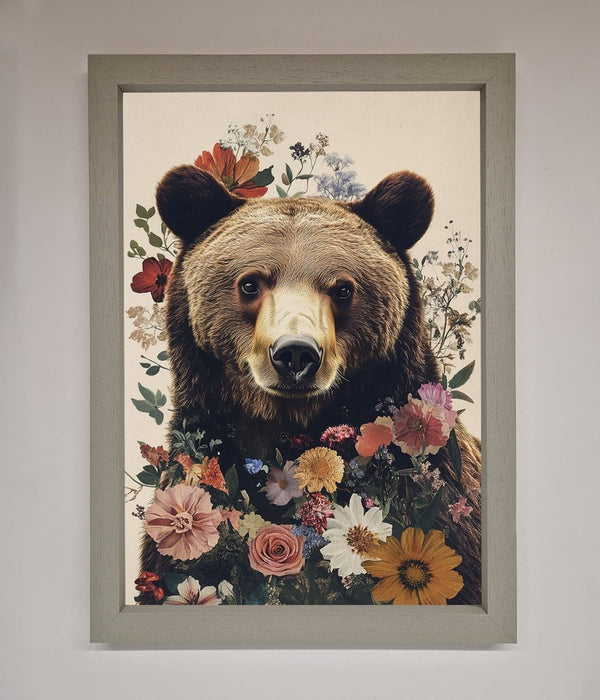 Brown Grizzly Bear Floral Framed Print - Hi Society