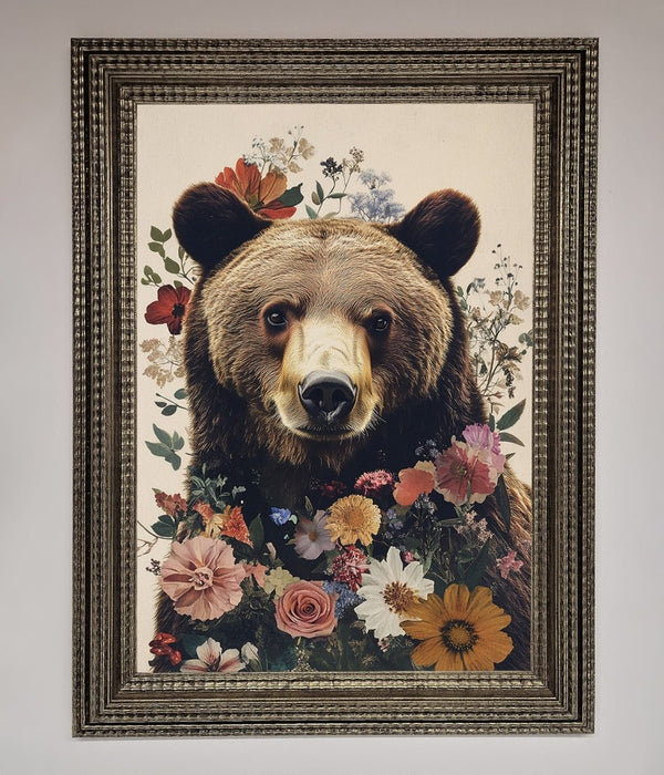 Brown Grizzly Bear Floral Framed Print - Hi Society