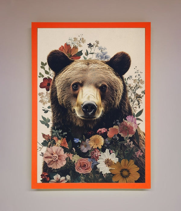 Brown Grizzly Bear Floral Framed Print - Hi Society