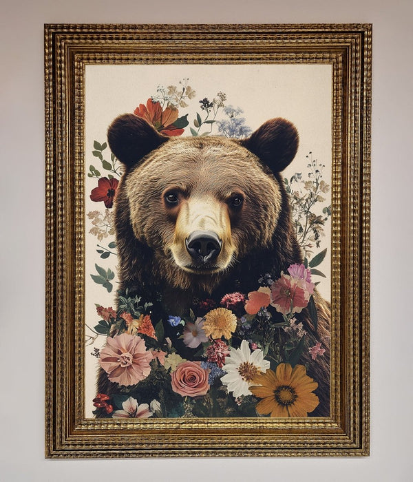 Brown Grizzly Bear Floral Framed Print - Hi Society