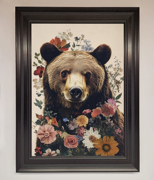 Brown Grizzly Bear Floral Framed Print - Hi Society