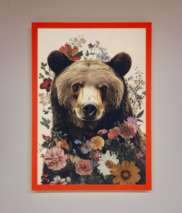 Brown Grizzly Bear Floral Framed Print - Hi Society