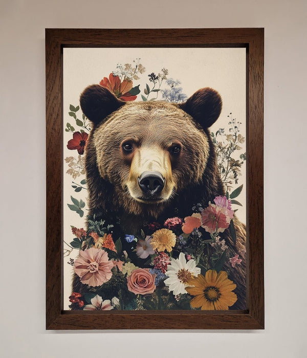 Brown Grizzly Bear Floral Framed Print - Hi Society