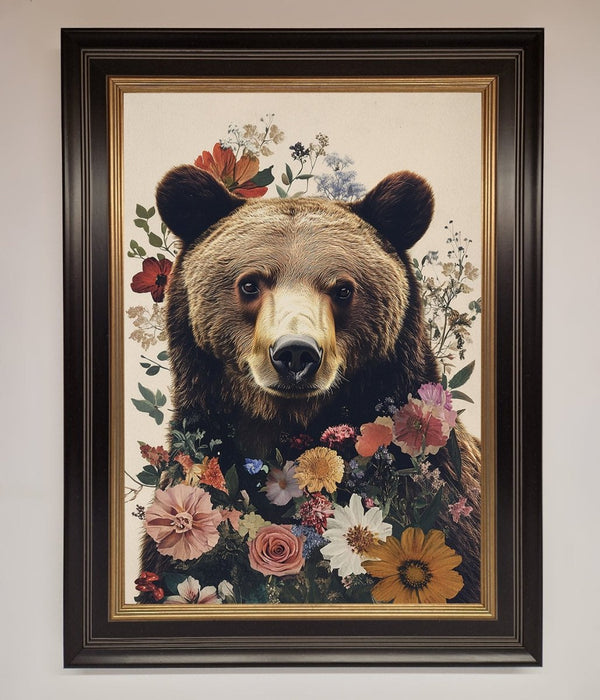 Brown Grizzly Bear Floral Framed Print - Hi Society