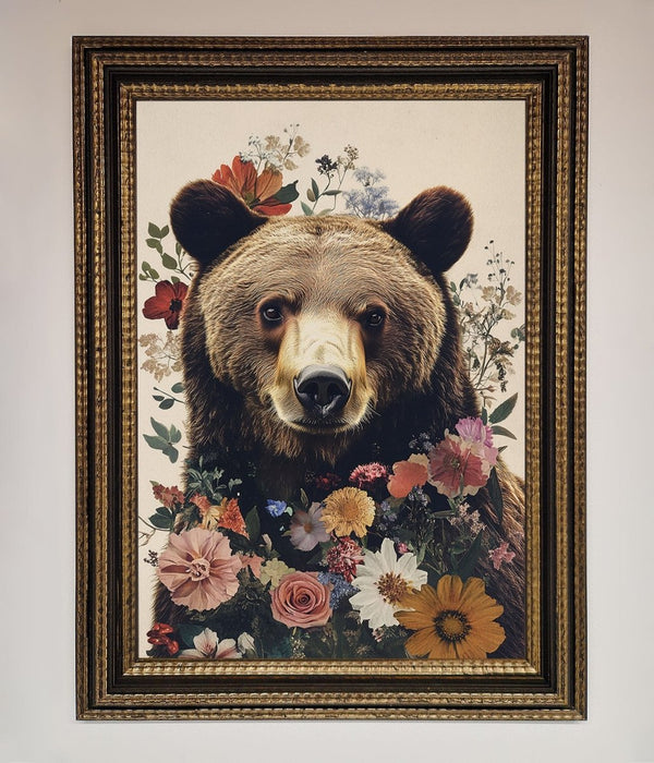 Brown Grizzly Bear Floral Framed Print - Hi Society