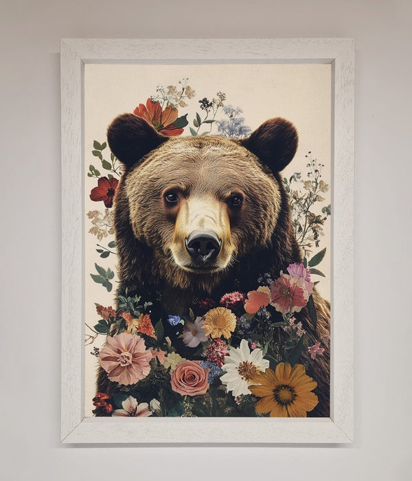 Brown Grizzly Bear Floral Framed Print - Hi Society