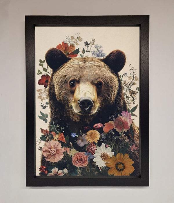 Brown Grizzly Bear Floral Framed Print - Hi Society
