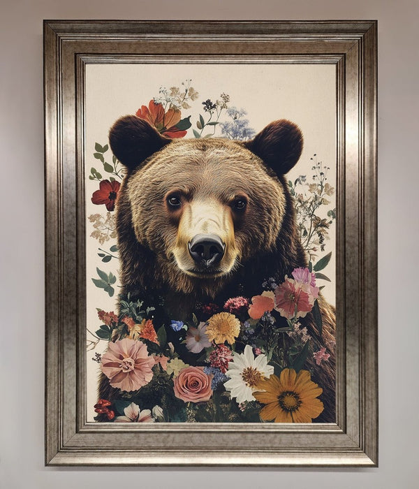 Brown Grizzly Bear Floral Framed Print - Hi Society