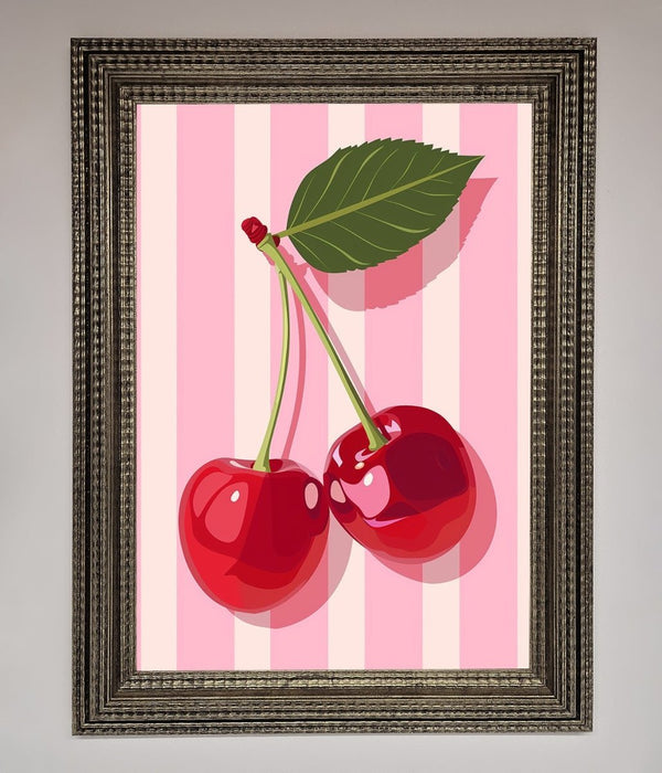 Cherries On Stripes Framed Print - Hi Society