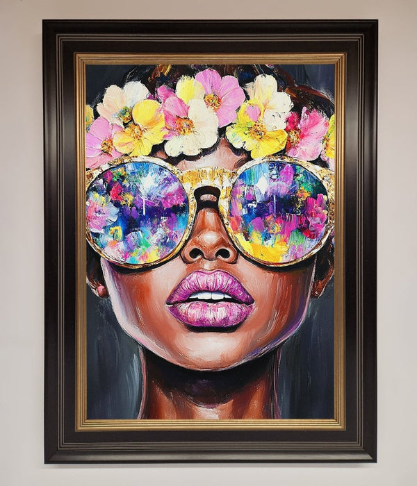 Floral Woman With Glasses and Pink Lips Framed Print - Hi Society