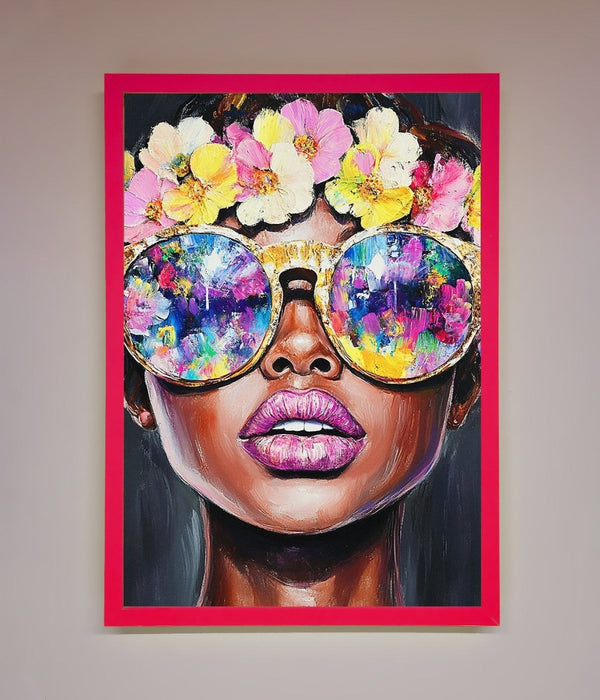 Floral Woman With Glasses and Pink Lips Framed Print - Hi Society