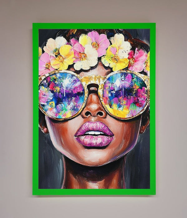 Floral Woman With Glasses and Pink Lips Framed Print - Hi Society