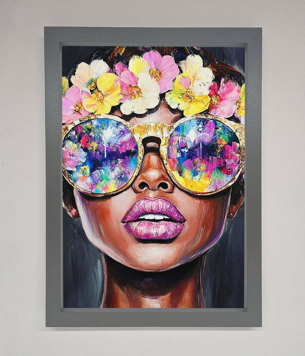 Floral Woman With Glasses and Pink Lips Framed Print - Hi Society