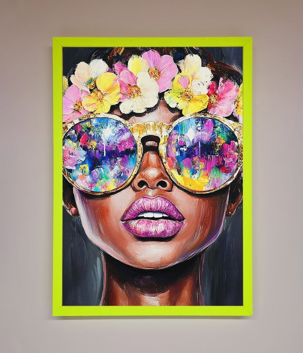 Floral Woman With Glasses and Pink Lips Framed Print - Hi Society