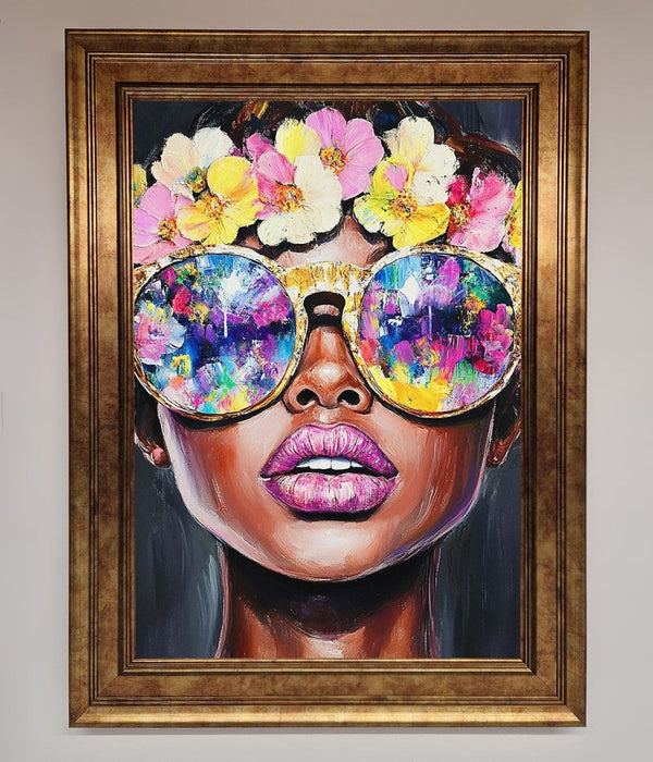 Floral Woman With Glasses and Pink Lips Framed Print - Hi Society