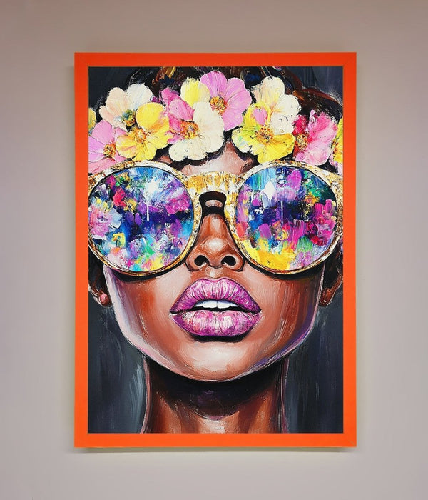 Floral Woman With Glasses and Pink Lips Framed Print - Hi Society