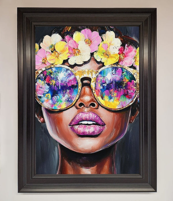 Floral Woman With Glasses and Pink Lips Framed Print - Hi Society