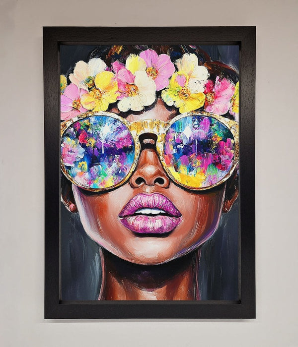Floral Woman With Glasses and Pink Lips Framed Print - Hi Society