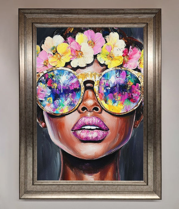 Floral Woman With Glasses and Pink Lips Framed Print - Hi Society