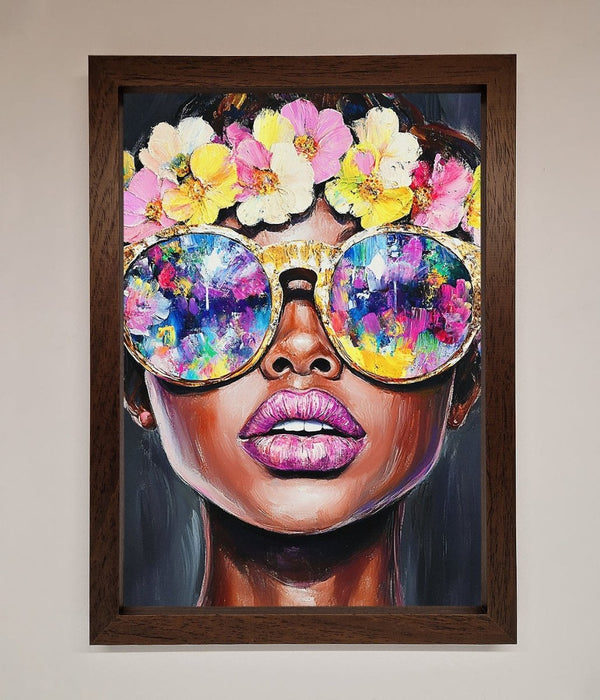 Floral Woman With Glasses and Pink Lips Framed Print - Hi Society