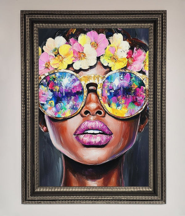 Floral Woman With Glasses and Pink Lips Framed Print - Hi Society