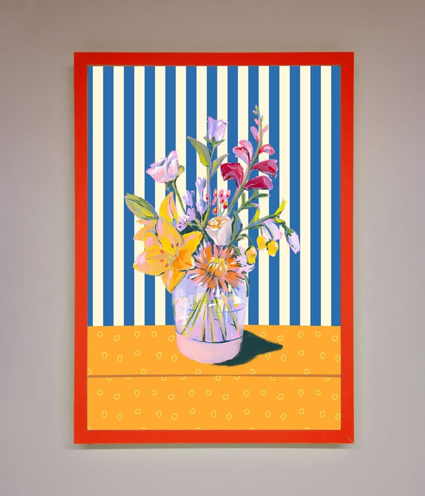 Flower Vase Blue Stripes Framed Wall Art - Hi Society