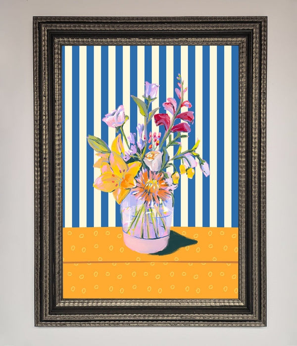 Flower Vase Blue Stripes Framed Wall Art - Hi Society