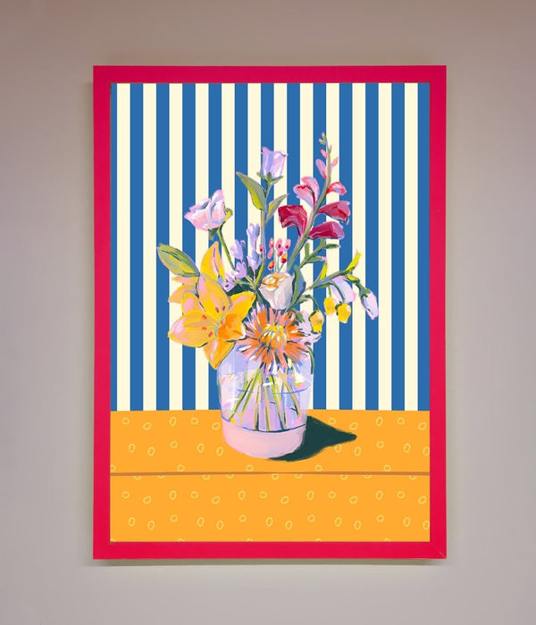 Flower Vase Blue Stripes Framed Wall Art - Hi Society
