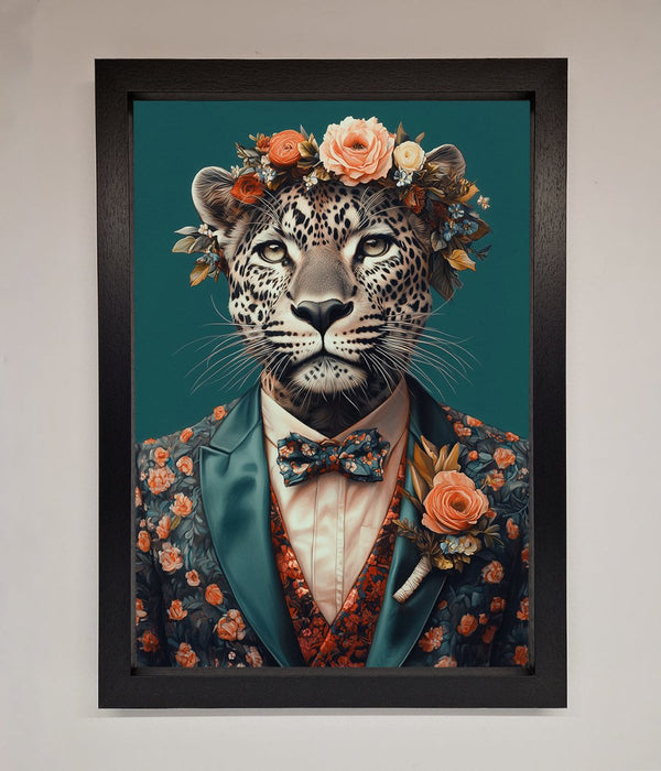 Leopard In a Suit With Flowers Framed Print - Hi Society